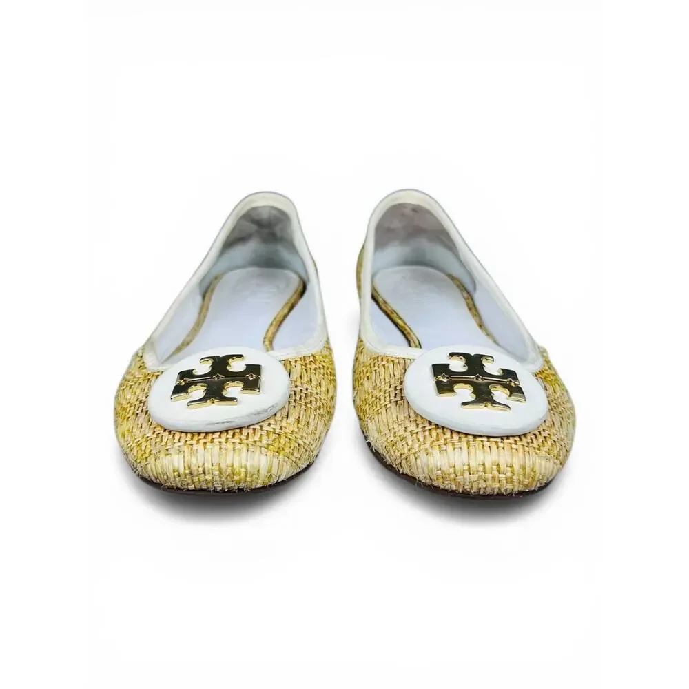 Tory Burch Reva Raffia Ballet Flats Size 7 Natural Woven Gold Logo